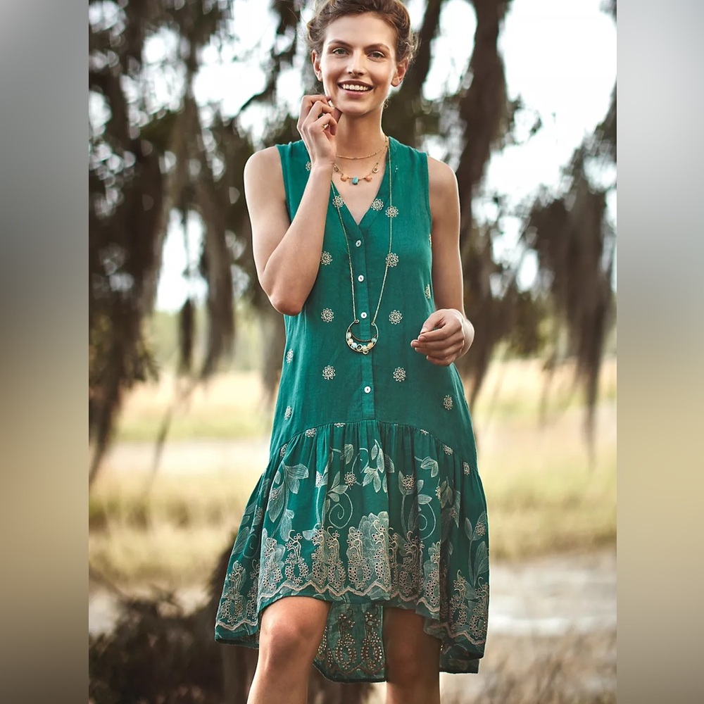 NWT ANTHROPOLOGIE MAEVE Linen Sleeveless Floral Embroidered Dress with Slip